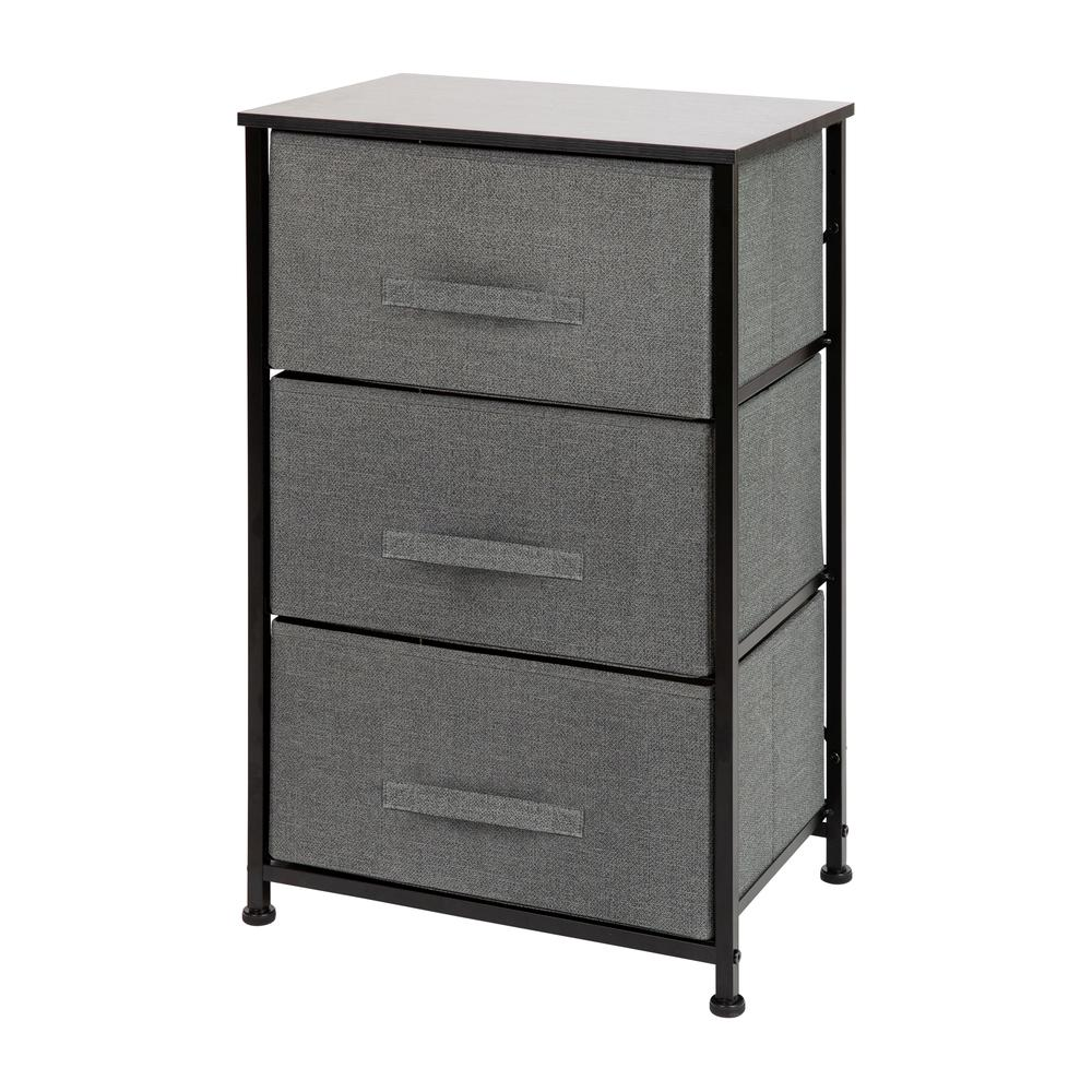 3 Drawer Wood Top Black Cast Iron Frame Vertical Storage Dresser with Dark Gray Easy Pull Fabric Drawers