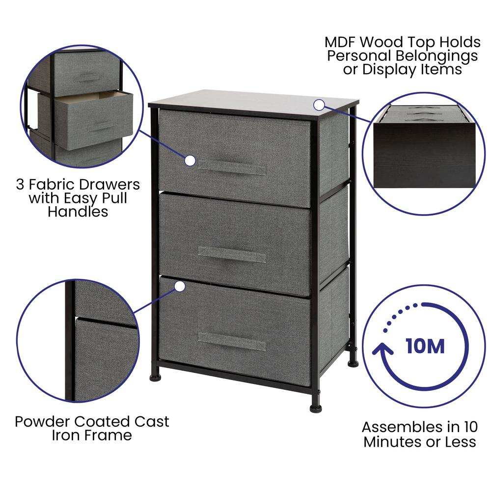 3 Drawer Wood Top Black Cast Iron Frame Vertical Storage Dresser with Dark Gray Easy Pull Fabric Drawers