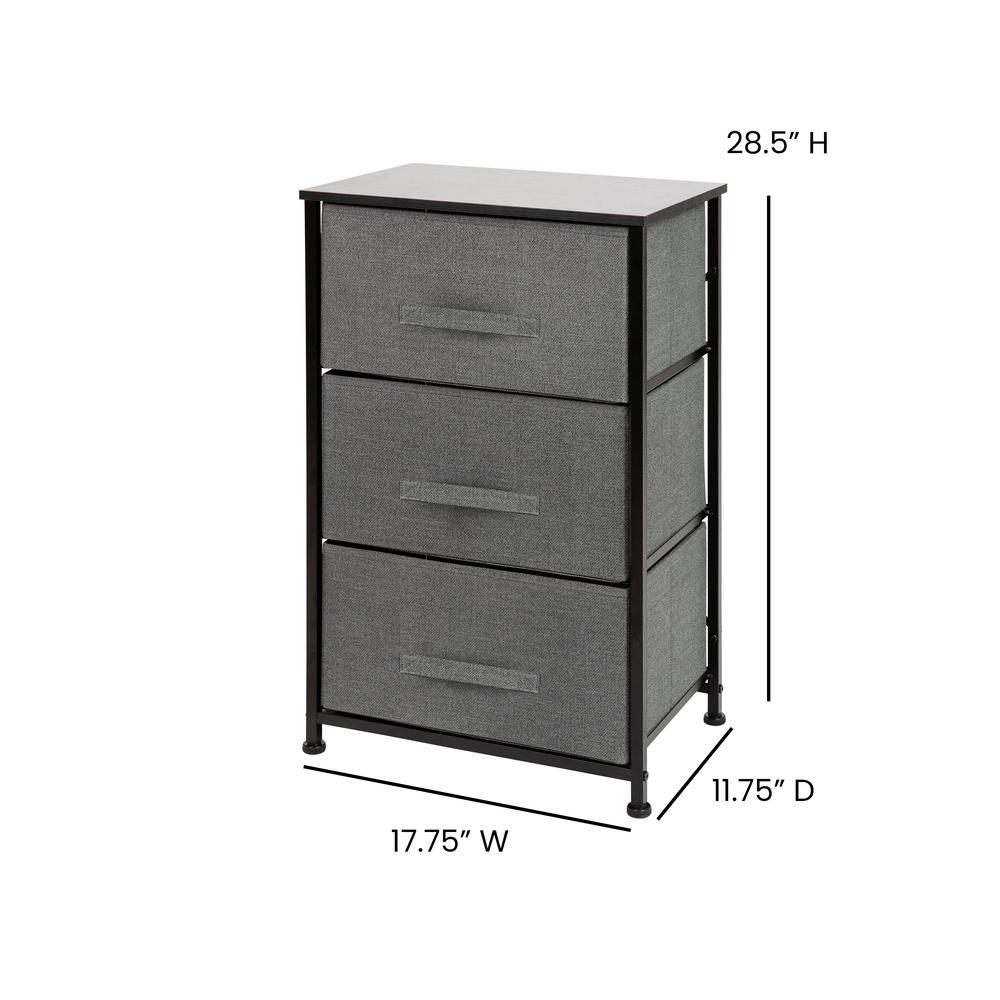 3 Drawer Wood Top Black Cast Iron Frame Vertical Storage Dresser with Dark Gray Easy Pull Fabric Drawers