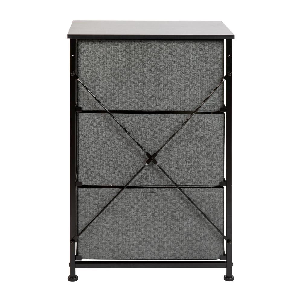 3 Drawer Wood Top Black Cast Iron Frame Vertical Storage Dresser with Dark Gray Easy Pull Fabric Drawers