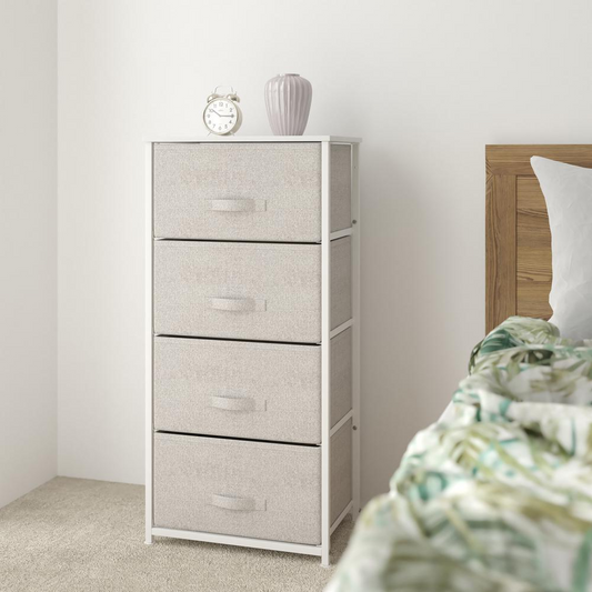 4 Drawer Wood Top White Cast Iron Frame Vertical Storage Dresser with Light Gray Easy Pull Fabric Drawers