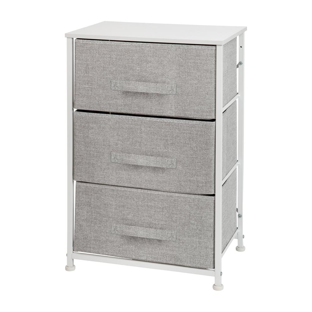 3 Drawer Wood Top White Cast Iron Frame Vertical Storage Dresser with Light Gray Easy Pull Fabric Drawers