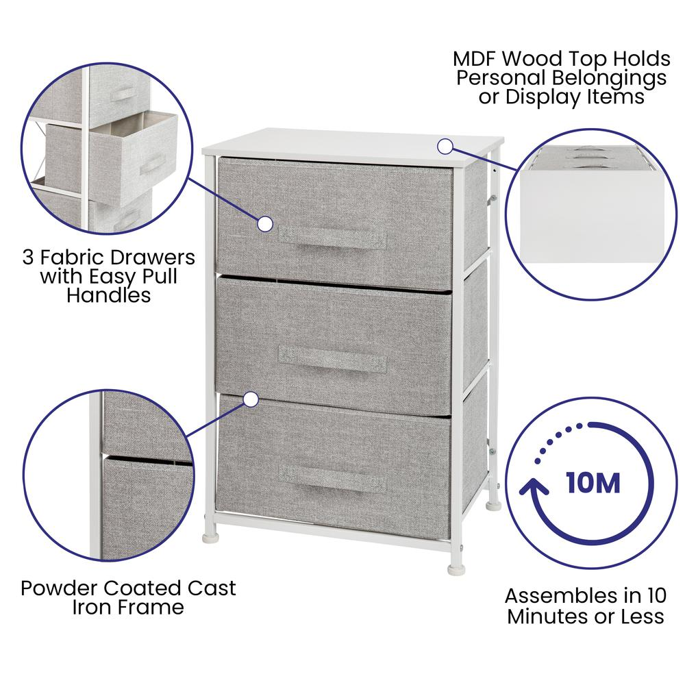 3 Drawer Wood Top White Cast Iron Frame Vertical Storage Dresser with Light Gray Easy Pull Fabric Drawers