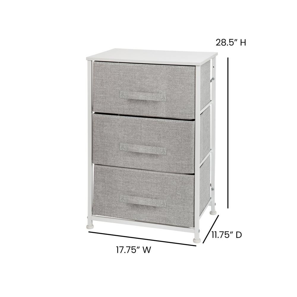 3 Drawer Wood Top White Cast Iron Frame Vertical Storage Dresser with Light Gray Easy Pull Fabric Drawers