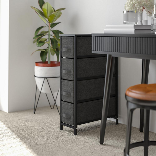 4 Drawer Slim Wood Top Black Cast Iron Frame Vertical Storage Dresser with Dark Gray Easy Pull Fabric Drawers