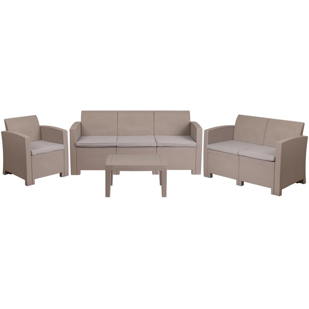 4 Piece Outdoor Faux Rattan Chair, Loveseat, Sofa and Table Set in Light Gray - The Room Store