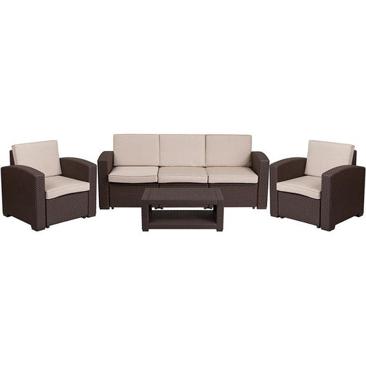 4 Piece Outdoor Faux Rattan Chair, Sofa and Table Set in Chocolate Brown - The Room Store