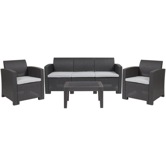 4 Piece Outdoor Faux Rattan Chair, Sofa and Table Set in Dark Gray - The Room Store