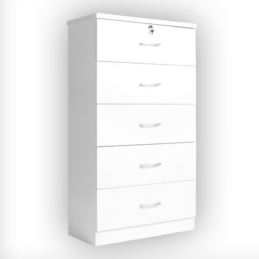 Better Home Products Olivia Wooden Tall 5 Drawer Chest Bedroom Dresser in White