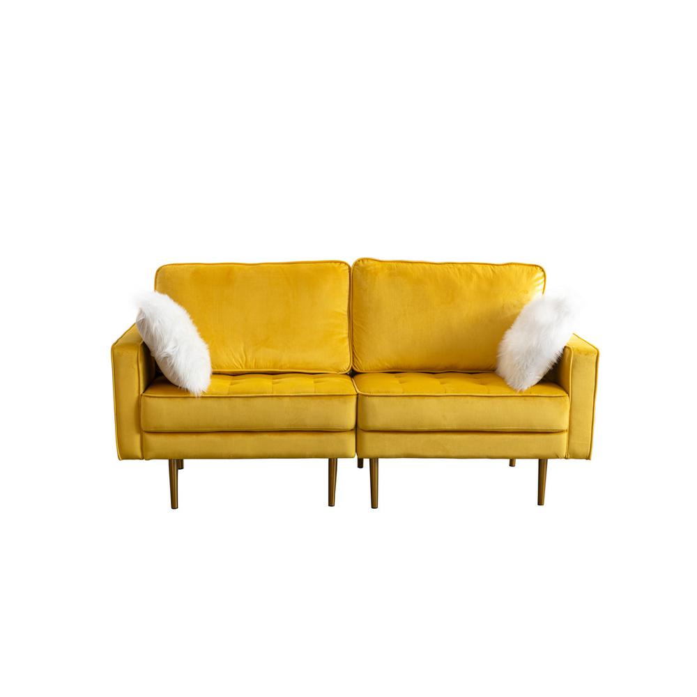 Theo Yellow Velvet Loveseat with Pillows