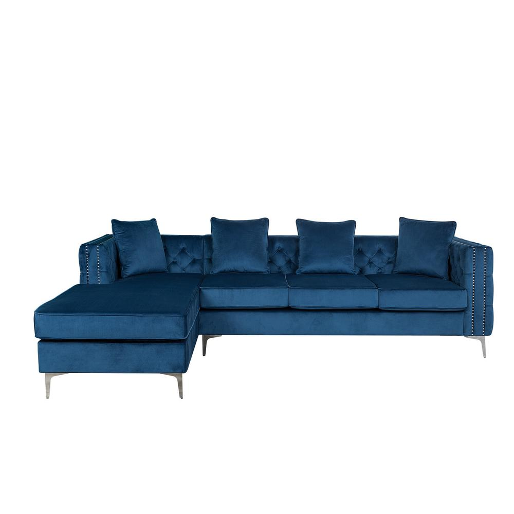 Ryan Deep Blue Velvet Reversible Sectional Sofa Chaise with Nail-Head Trim