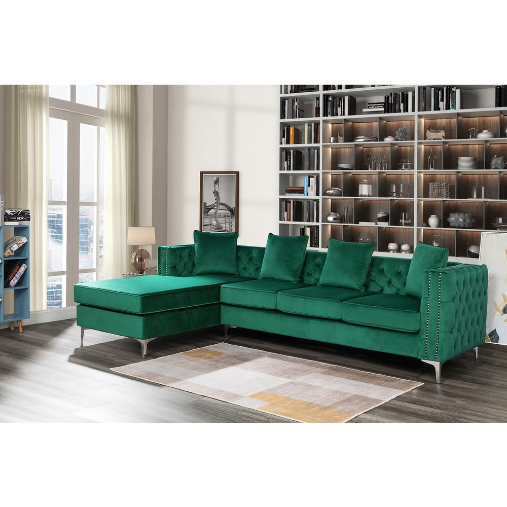 Ryan Green Velvet Reversible Sectional Sofa Chaise with Nail-Head Trim