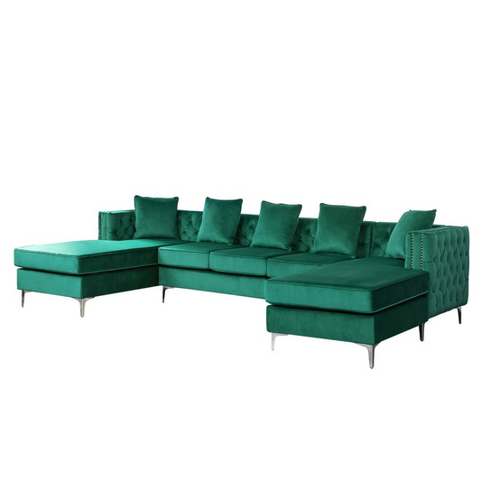 Ryan Green Velvet Double Chaise Sectional Sofa with Nail-Head Trim