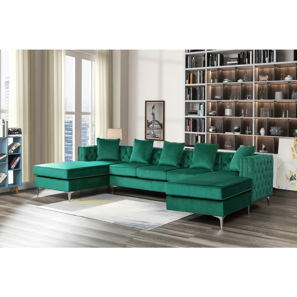 Ryan Green Velvet Double Chaise Sectional Sofa with Nail-Head Trim