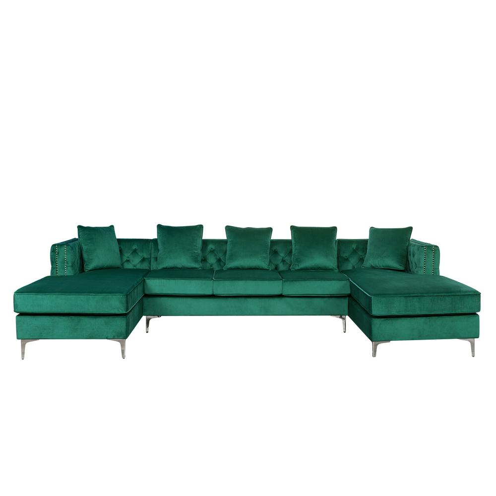 Ryan Green Velvet Double Chaise Sectional Sofa with Nail-Head Trim