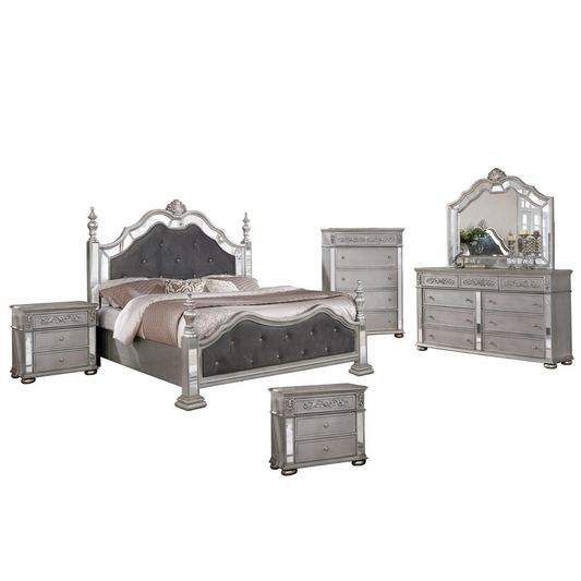 Gray Velvet 6 Piece Bedroom Set with Bed Posts & Reflective Panels - Eastern King