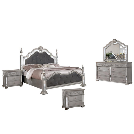 Gray Velvet 5 Piece Bedroom Set with Bed Posts & Reflective Panels, 2 Nightstands - Eastern King