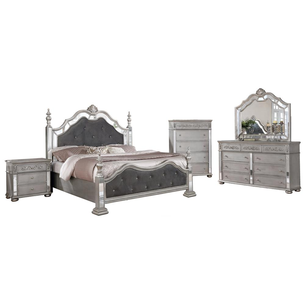 Gray Velvet 5 Piece Bedroom Set with Chest, Bed Posts & Reflective Panels - Eastern King