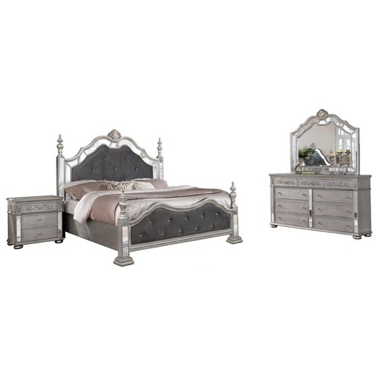 Gray Velvet 4 Piece Bedroom Set with Bed Posts & Reflective Panels - Eastern King