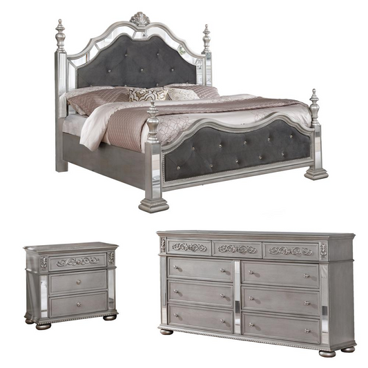 Gray Velvet 3 Piece Bedroom Set with Bed Posts & Reflective Panels - California King