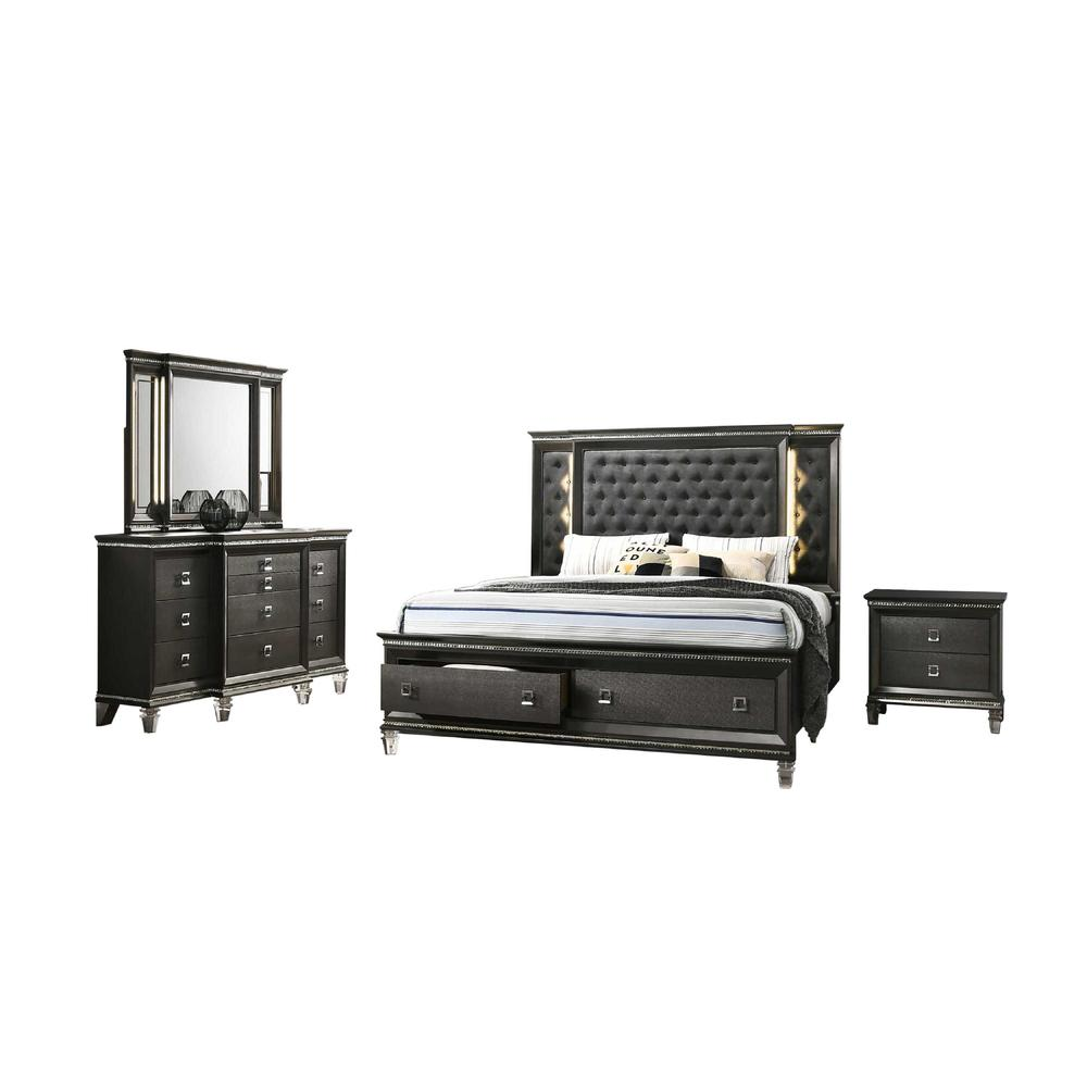 4PC California King Bedroom Set: 1 Panel Bed, 1 Night Stand, 1 Dresser with 8 Drawers and Two Jewelry Drawers, and 1 Mirror