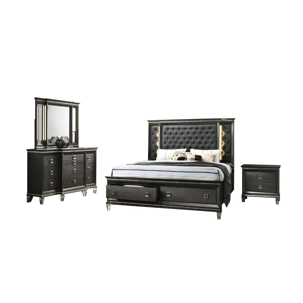 4PC Eastern King Bedroom Set: 1 Panel Bed, 1 Night Stand, 1 Dresser with 8 Drawers and Two Jewelry Drawers, and 1 Mirror