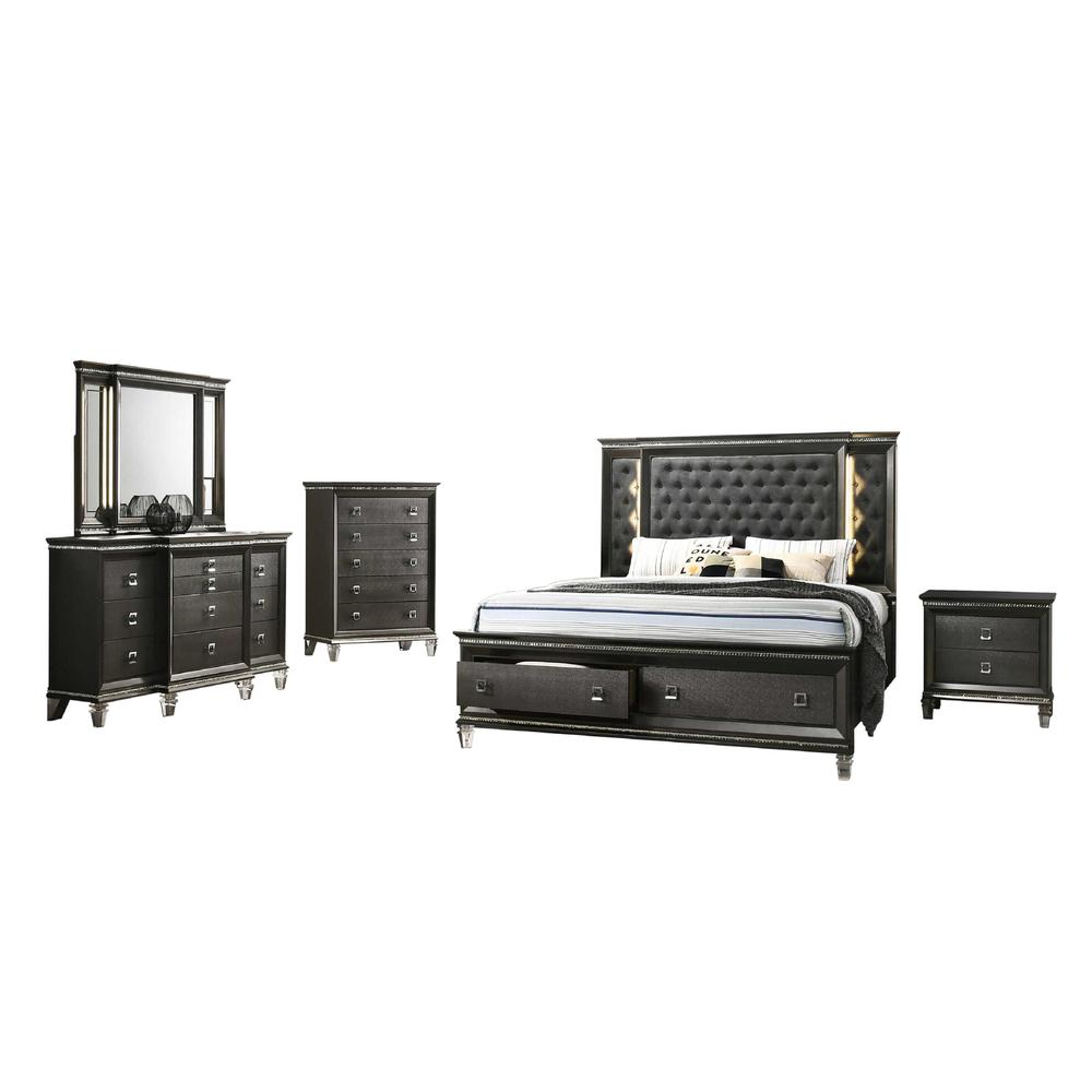 5PC Queen  Bedroom Set: 1 Panel Bed, 1 Night Stand, 1 Chest with 5 Drawers, 1 Dresser with 8 Drawers and Two Jewelry Drawers, and 1 Mirror