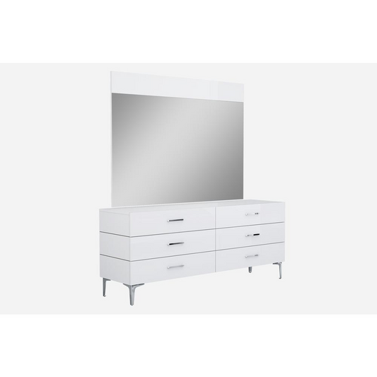 Diva Dresser Double high gloss white 6 self-close drawers chrome handles stainless steel legs