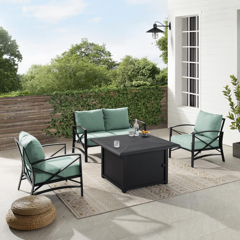 Kaplan 4Pc Outdoor Conversation Set W/Fire Table Mist/Oil Rubbed Bronze - Loveseat, Dante Fire Table, & 2 Arm Chairs