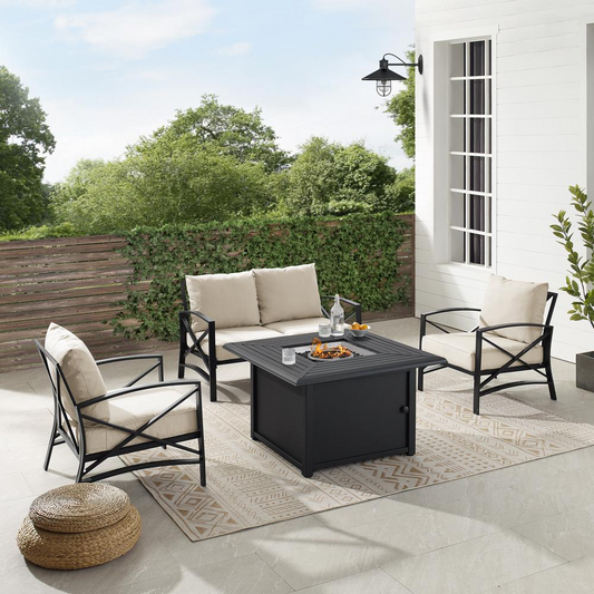 Kaplan 4Pc Outdoor Conversation Set W/Fire Table Oatmeal/Oil Rubbed Bronze - Loveseat, Dante Fire Table, & 2 Arm Chairs