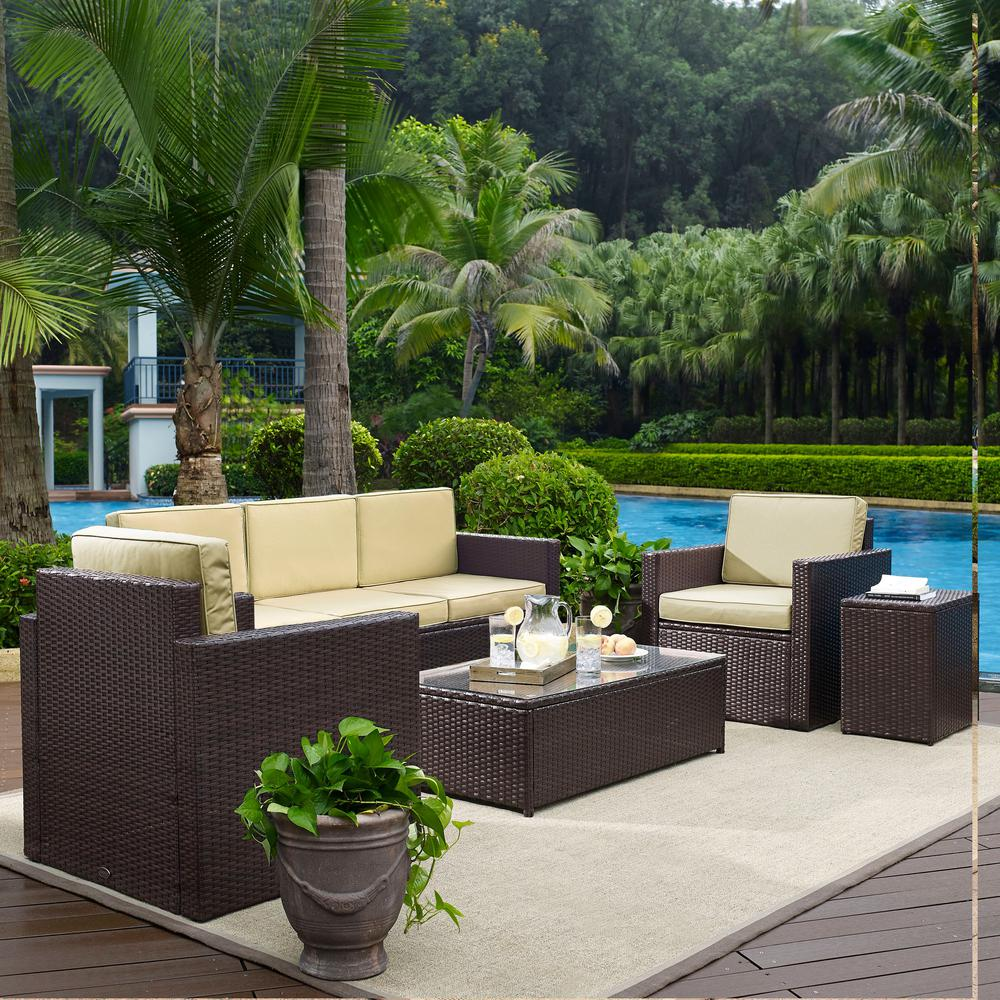 Palm Harbor 5Pc Outdoor Wicker Conversation Set Sand/Brown - Sofa, 2 Swivel Chairs, Side Table, Glass Top Table