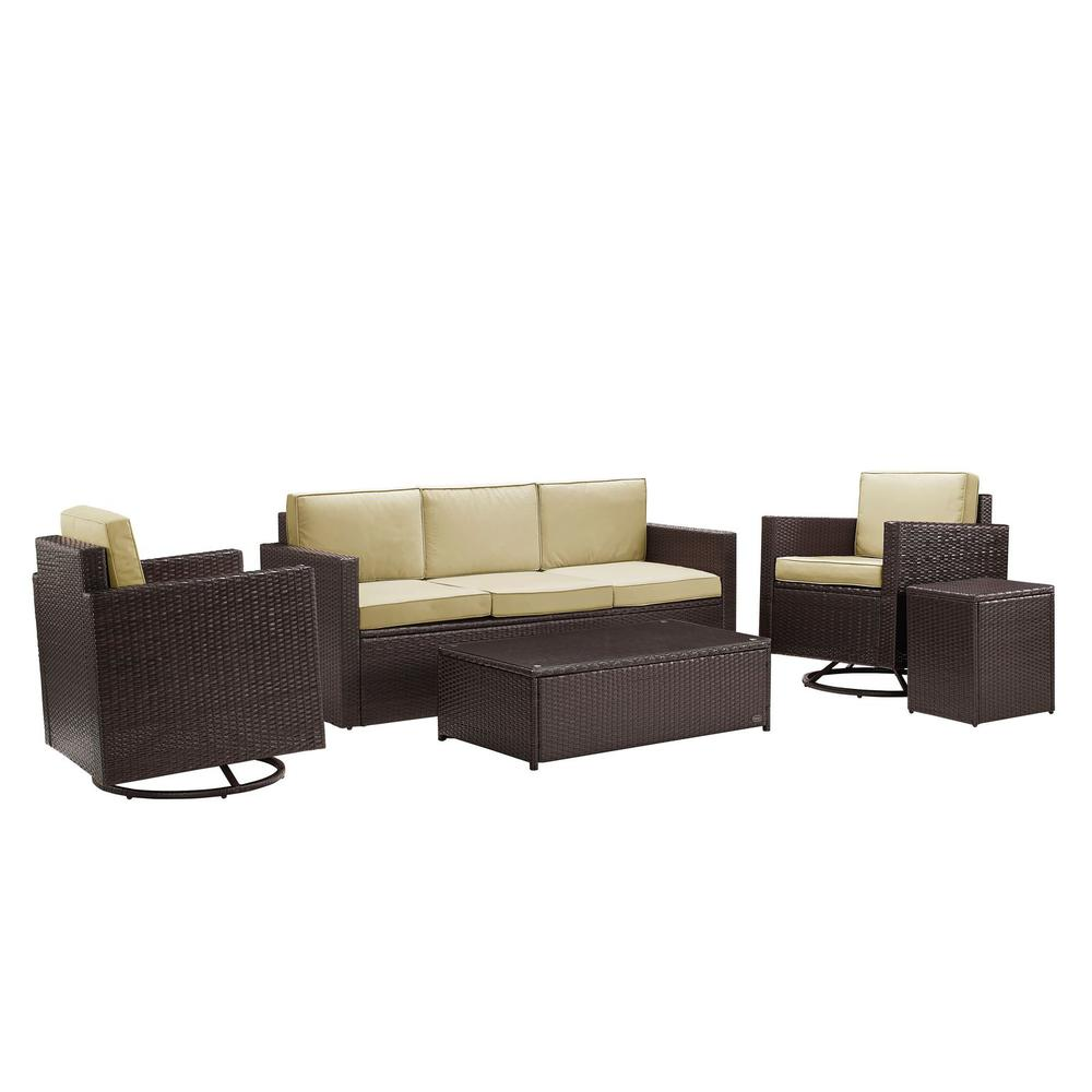 Palm Harbor 5Pc Outdoor Wicker Conversation Set Sand/Brown - Sofa, 2 Swivel Chairs, Side Table, Glass Top Table