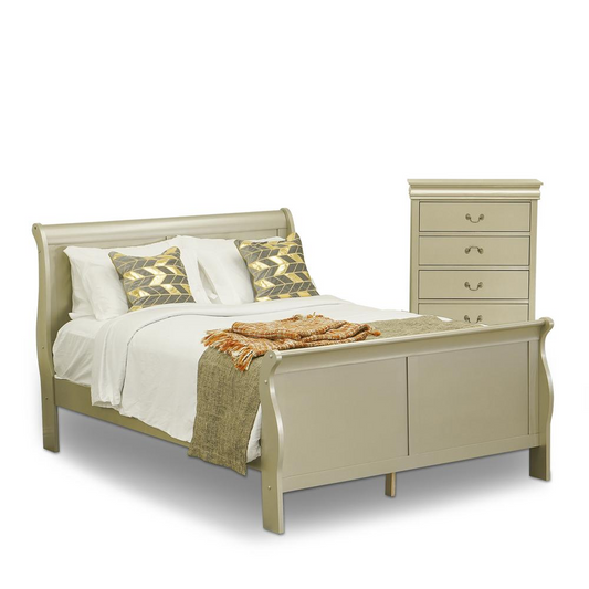 East West Furniture Louis Philippe 2 Piece Queen Size Bedroom Set in Metallic Gold Finish with Queen Bed, Chest