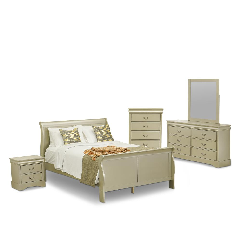 East West Furniture Louis Philippe 5 Piece Queen Size Bedroom Set in Metallic Gold Finish with Queen Bed,Nightstand ,Dresser, Mirror,Chest