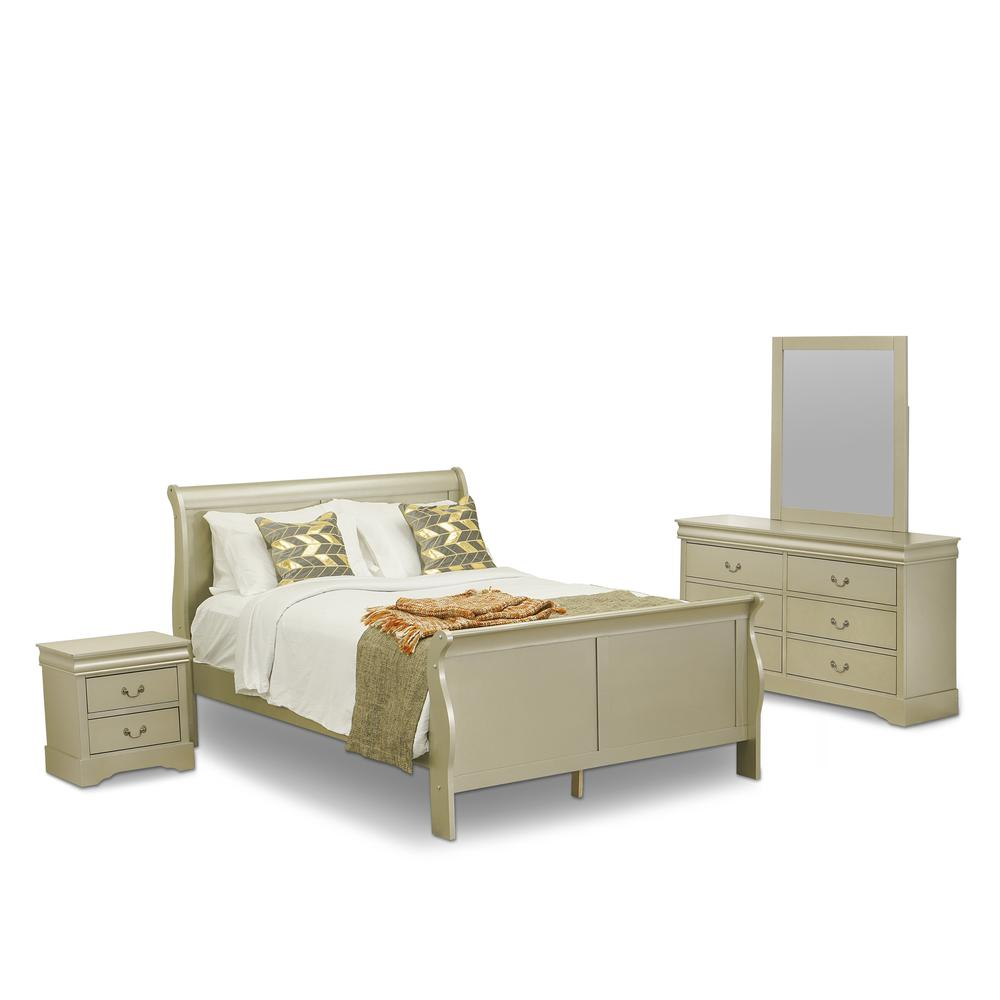 East West Furniture Louis Philippe 4 Piece Queen Size Bedroom Set in Metallic Gold Finish with Queen Bed,Nightstand ,Dresser, Mirror,