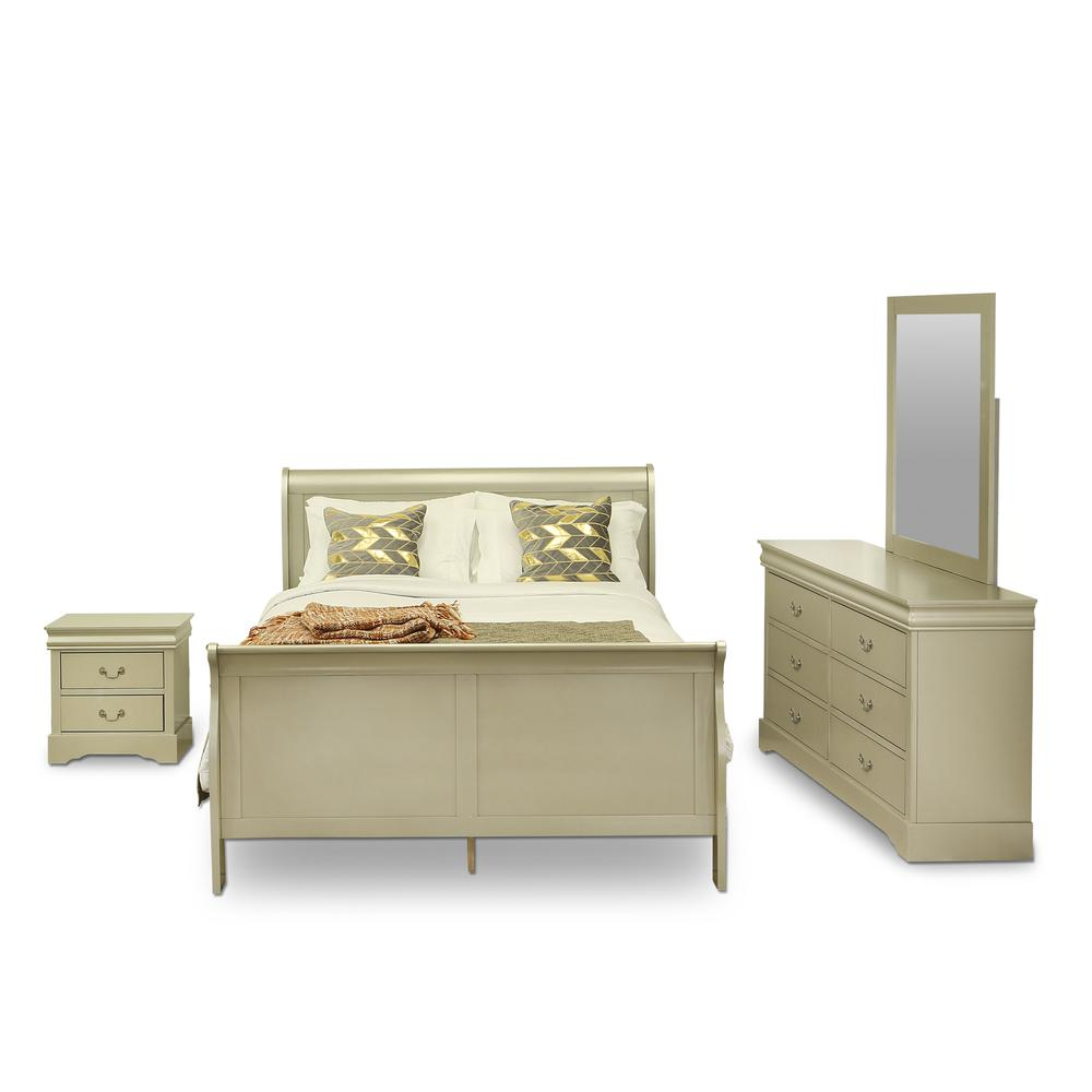 East West Furniture Louis Philippe 4 Piece Queen Size Bedroom Set in Metallic Gold Finish with Queen Bed,Nightstand ,Dresser, Mirror,