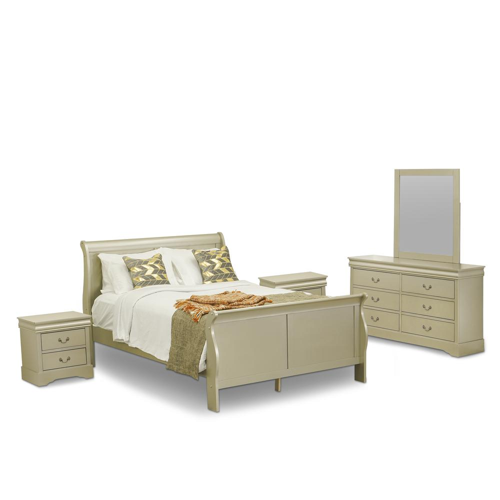 East West Furniture Louis Philippe 5 Piece Queen Size Bedroom Set in Metallic Gold Finish with Queen Bed,2 Nightstands ,Dresser, Mirror,