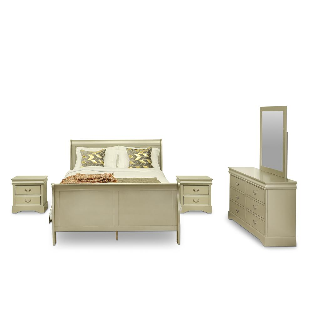 East West Furniture Louis Philippe 5 Piece Queen Size Bedroom Set in Metallic Gold Finish with Queen Bed,2 Nightstands ,Dresser, Mirror,