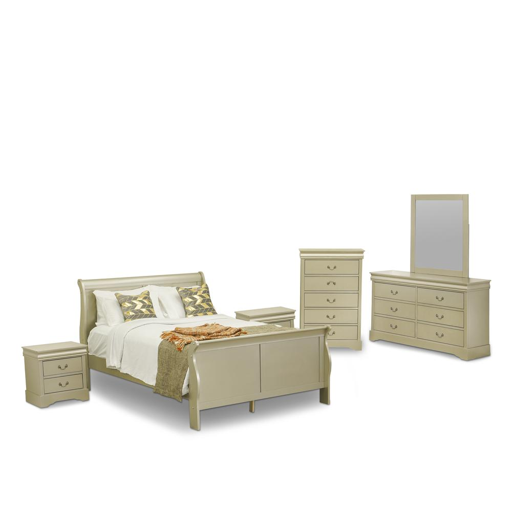 East West Furniture Louis Philippe 6 Piece Queen Size Bedroom Set in Metallic Gold Finish with Queen Bed,2 Nightstands ,Dresser, Mirror,Chest
