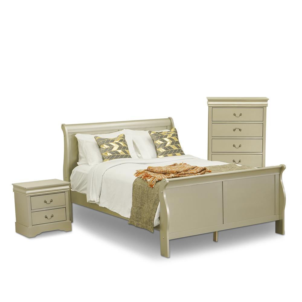 East West Furniture Louis Philippe 3 Piece Queen Size Bedroom Set in Metallic Gold Finish with Queen Bed,Nightstand Chest