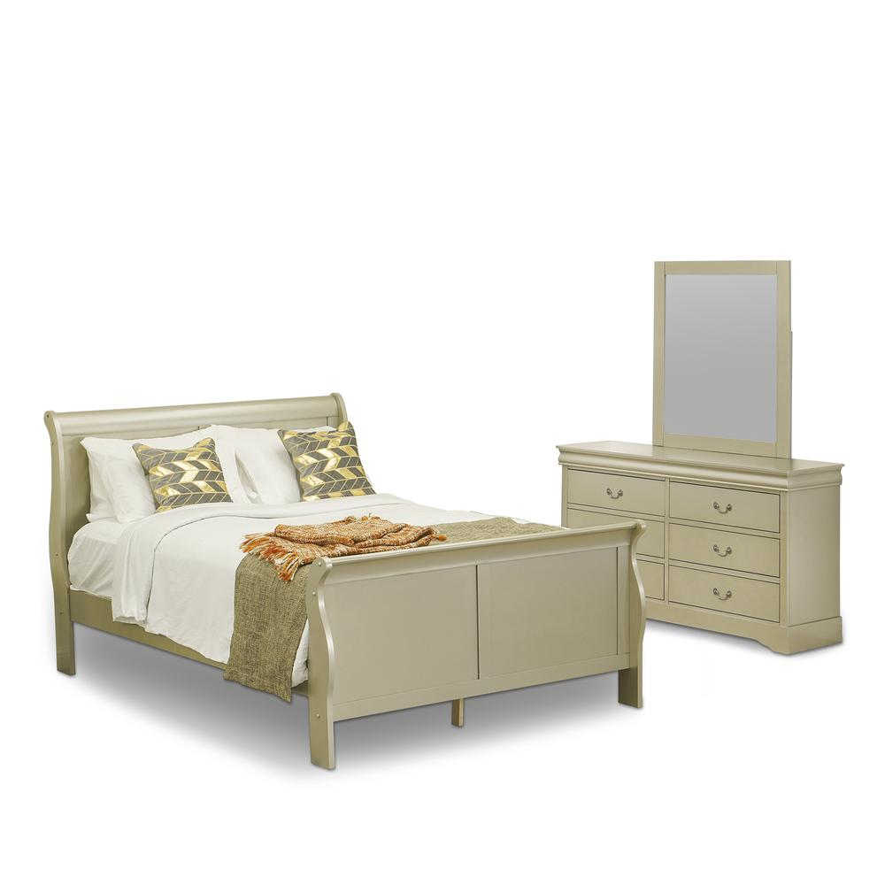 East West Furniture Louis Philippe 3 Piece Queen Size Bedroom Set in Metallic Gold Finish with Queen Bed, ,Dresser, Mirror,