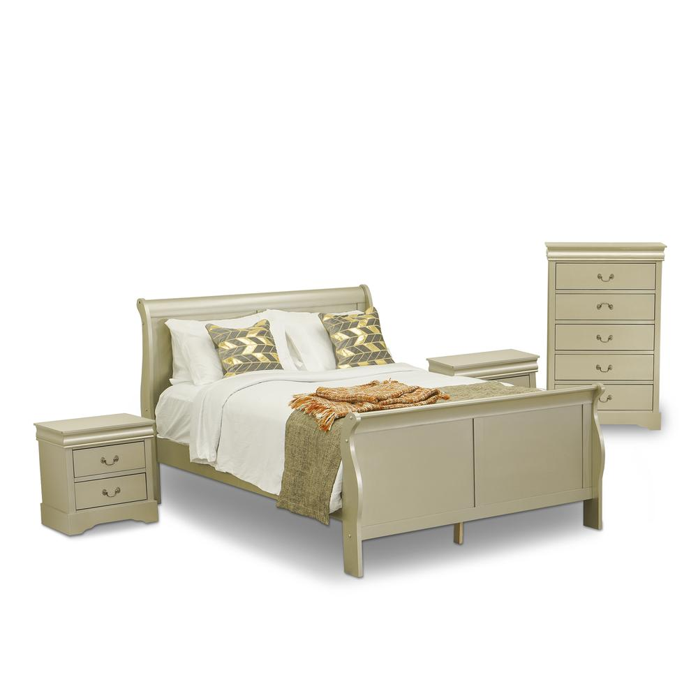 East West Furniture Louis Philippe 4 Piece Queen Size Bedroom Set in Metallic Gold Finish with Queen Bed,2 Nightstands Chest