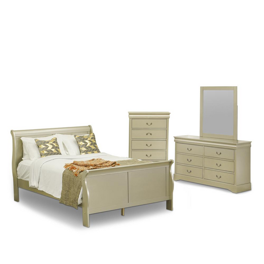 East West Furniture Louis Philippe 4 Piece Queen Size Bedroom Set in Metallic Gold Finish with Queen Bed, ,Dresser, Mirror,Chest