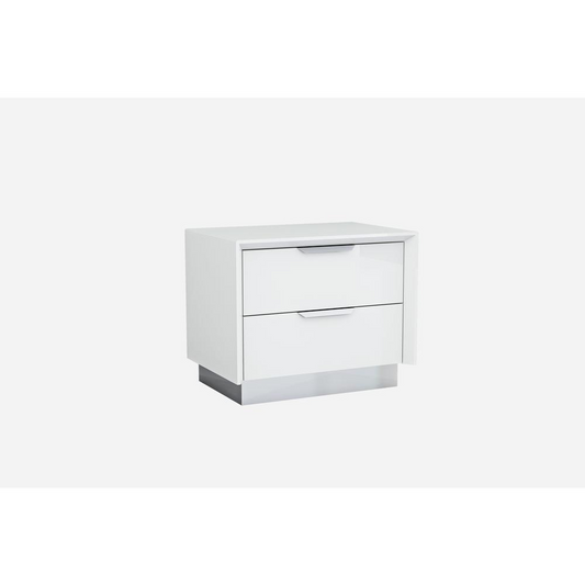 Navi Night Stand high gloss white with stainless steel trim 2 drawers with self-close runners