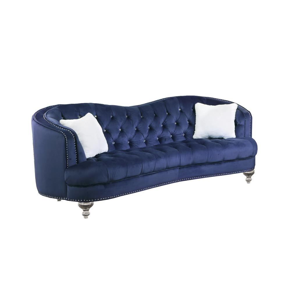 Camelback Tufted Faux Crystal Sofa in Navy Blue Velvet