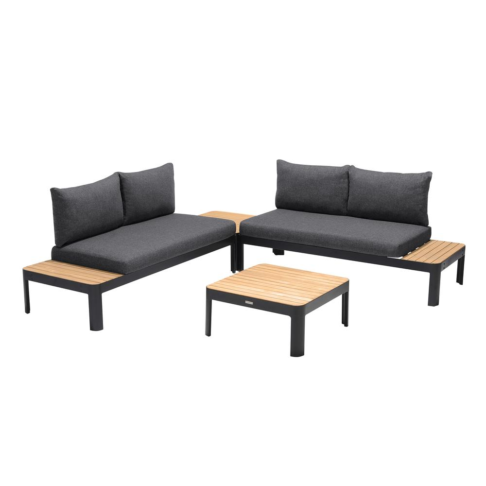 Portals Outdoor 4 Piece Sofa set in Black Finish with Natural Teak Wood Top Accent