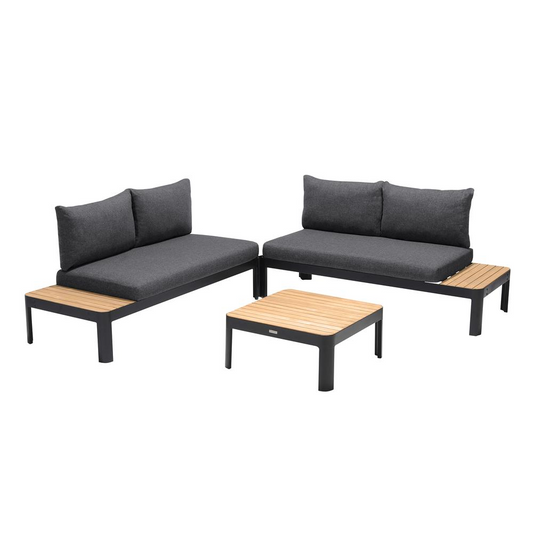 Portals Outdoor 3 Piece Sofa Set in Black Finish with Natural Teak Wood Top Accent