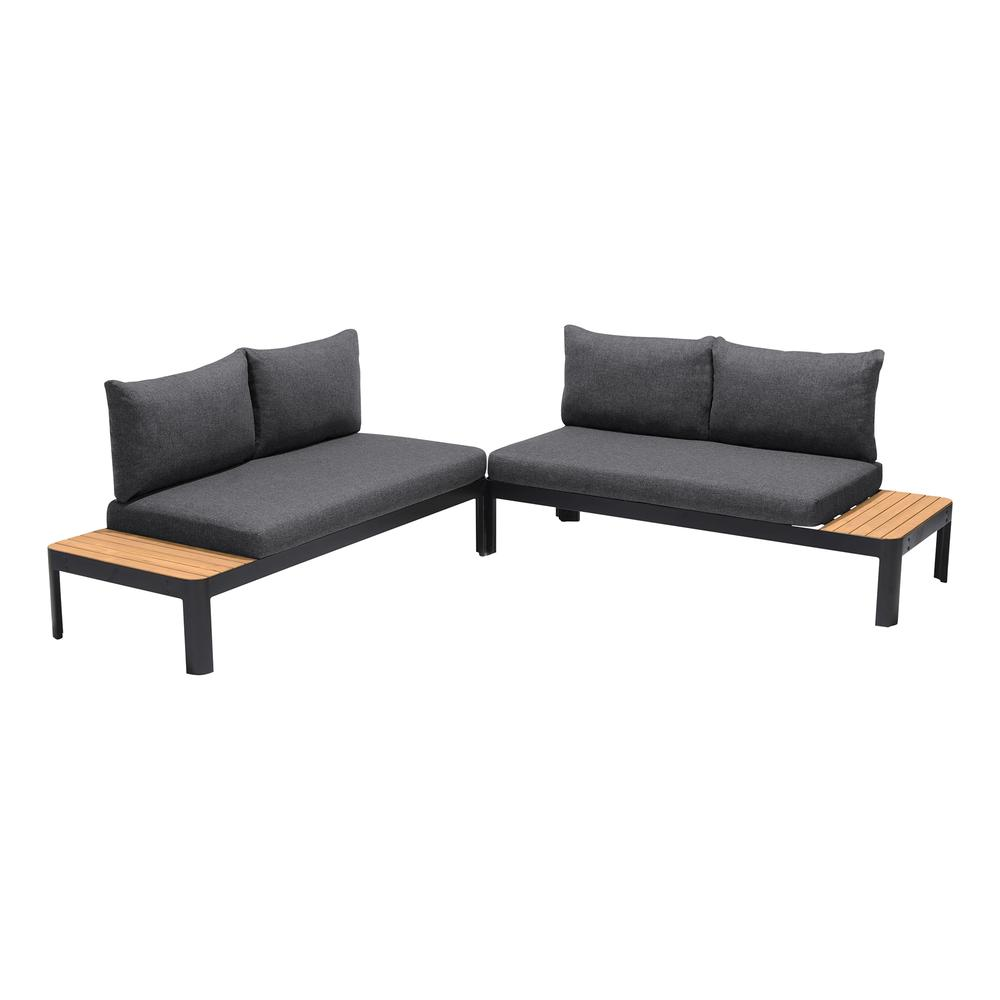 Portals Outdoor 2 piece Sofa Set in Black Finish with Natural Teak Wood Accent