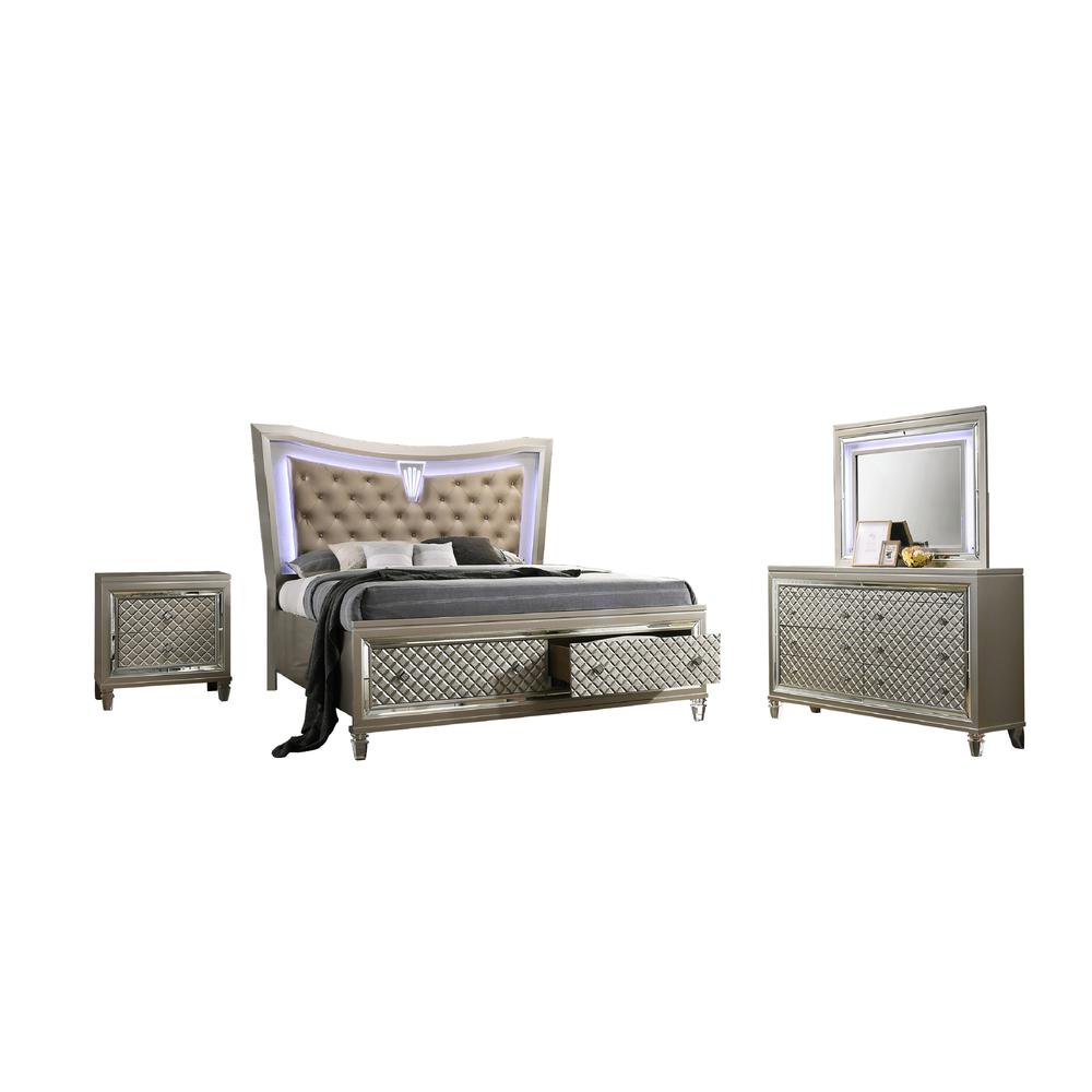 4PC Bedroom Set: 1 Platform Panel Bed with LED Lit Headboard, 1 Night Stand, 1 Dresser with 6 Drawers and 2 Jewelry Drawers, and 1 Mirror
