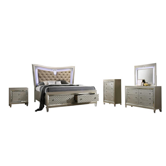 5PC Bedroom Set: 1 Platform Panel Bed with LED Lit Headboard, 1 Night Stand, 1 Chest,1  Dresser, and 1 Mirror